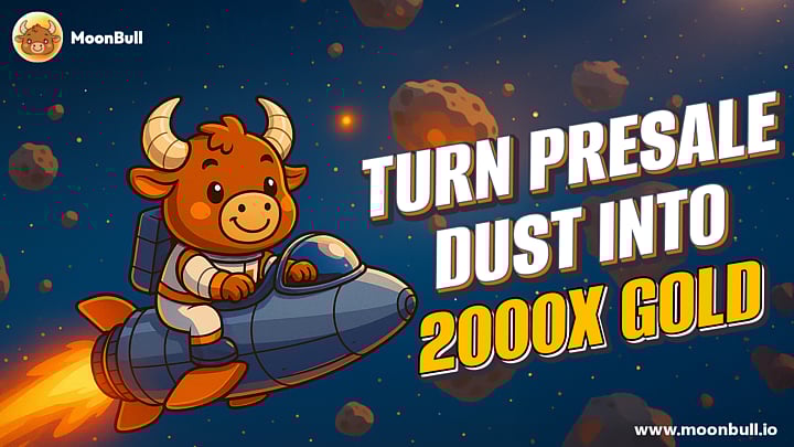 Cartoon bull astronaut riding a rocket with text: Turn Presale Dust Into 2000X Gold