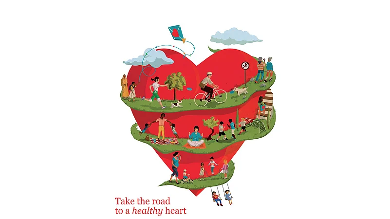 Illustration of people jogging, cycling, playing and meditating on a heart-shaped path