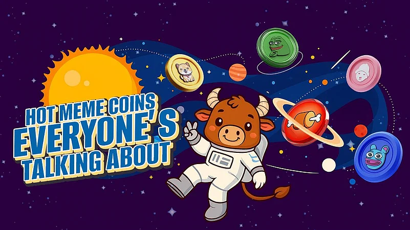 Cartoon bull astronaut with meme coins like Doge and Pepe floating in space with planets
