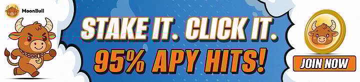 Cartoon bull promoting 95% APY staking with join now button