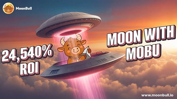 MoonBull crypto ad; a bull in a spaceship with text ROI, Moon with Mobu