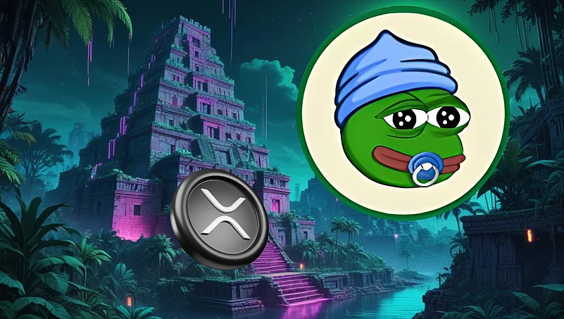 Baby Pepe and XRP logo in front of a neon-lit jungle temple at night