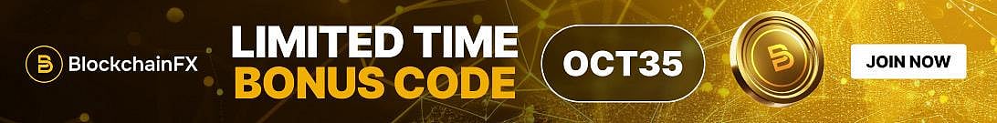 BlockchainFX crypto presale ad with a Limitec Time Bonus Code OCT35 and ROI details
