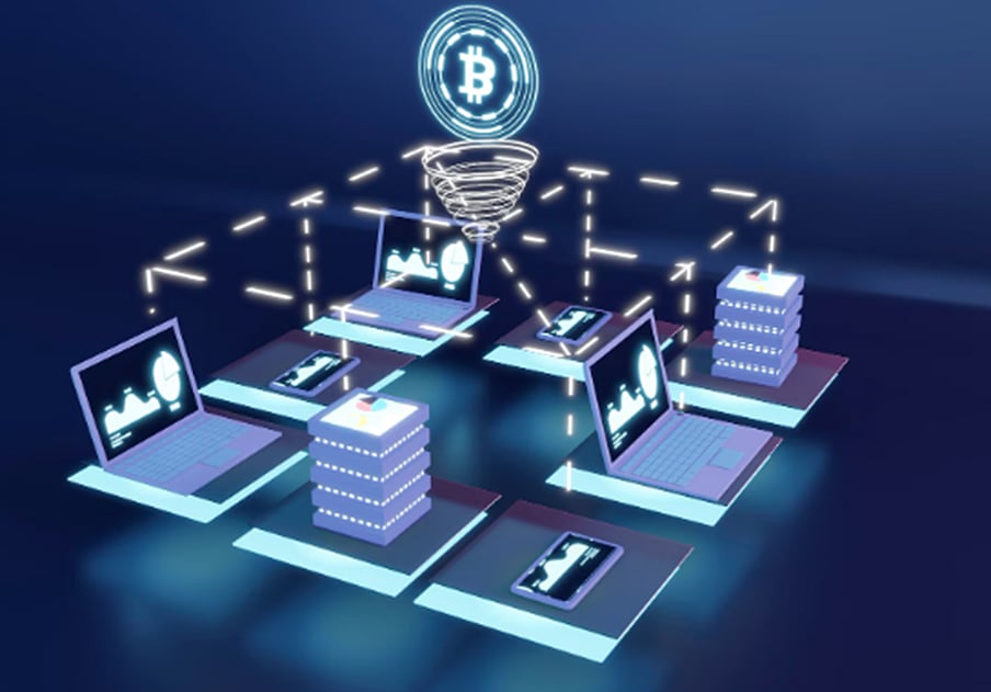 Bitcoin symbol connected to devices on various platforms