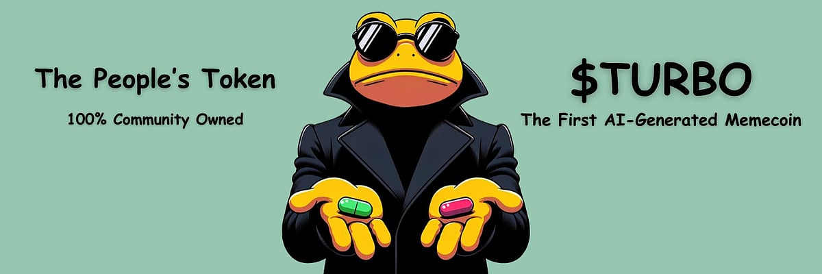 Frog meme in a trench coat and sunglasses holding two pills, promoting the TURBO crypto