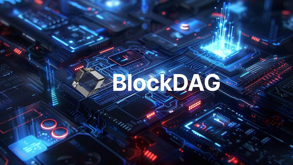 BlockDAG logo and circuit board design with blue glow on a screen