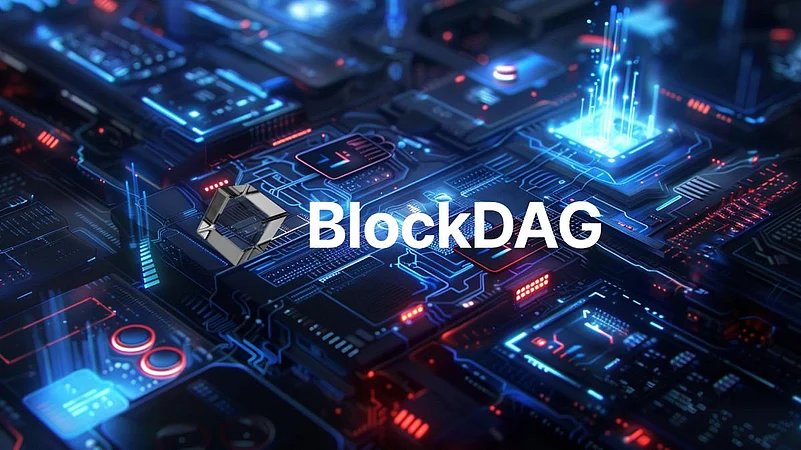 BlockDAG logo and circuit board design with blue glow on a screen