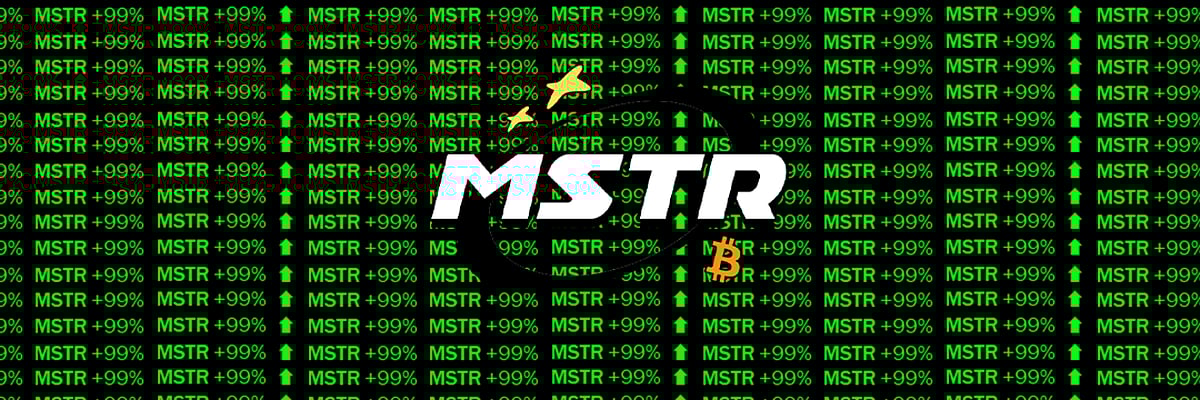 Digital image showing the text MSTR over a background of repeating green text MSTR +99%.