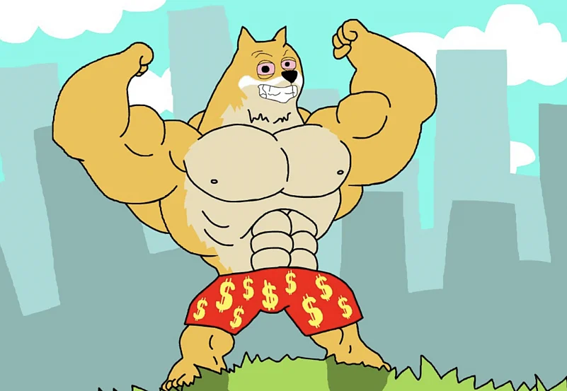 Cartoon of a muscular Maxi Doge character flexing its arms in front of a city skyline.