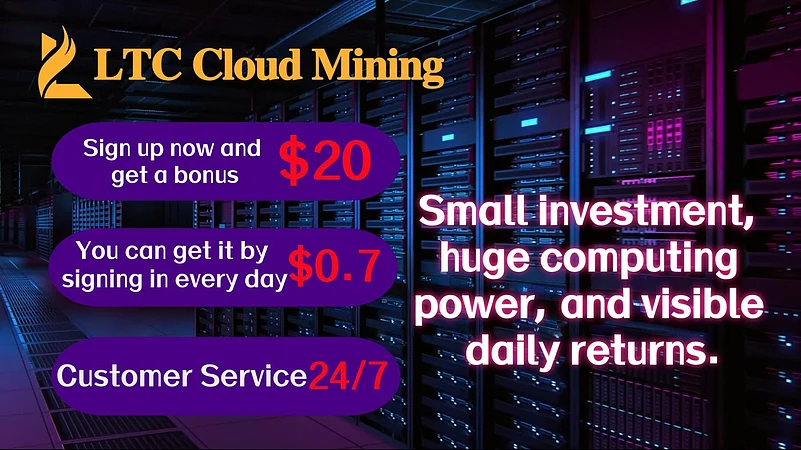 LTC Cloud Mining promo banner with mining servers