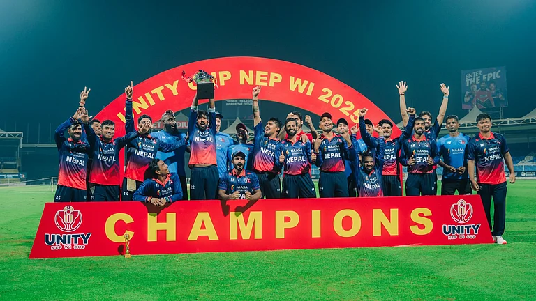 Nepal Vs West Indies Highlights, 3rd T20I: Rohit Paudel and Co celebrate with the trophy after winning the series 2-1. - X/CricketNep