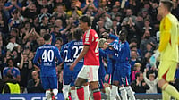 Photo: AP : UEFA Champions League Matchday 2 Highlights: Chelsea players celebrate after Benfica's Richard Rios, foreground centre, scored an own goal in London.