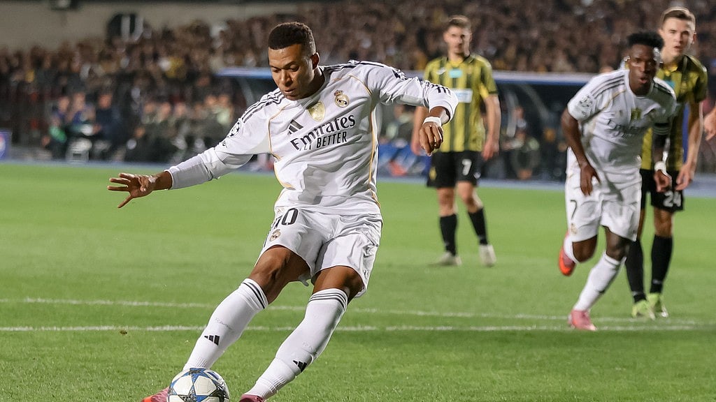 Photo: AP : FC Kairat Almaty Vs Real Madrid Highlights, UEFA Champions League: Kylian Mbappe controls the ball during the game in Almaty.