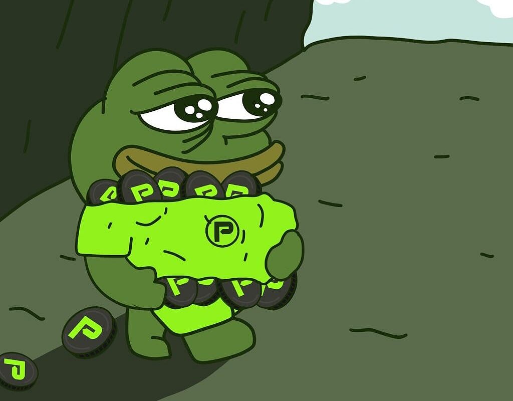 Meme of Pepe the Frog holding a pile of coins with a P logo in a dark setting