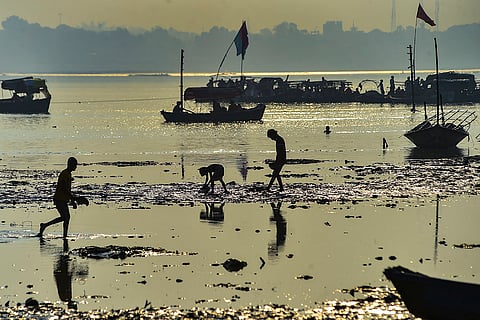 People search for coins in the mud-ridden Sangam area