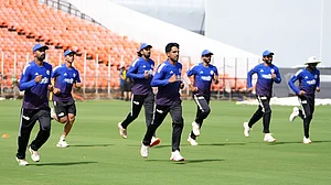 AP/Ajit Solanki : India's players warm up during a practice session ahead of the first Test cricket match against West Indies at Narendra Modi Stadium in Ahmedabad.