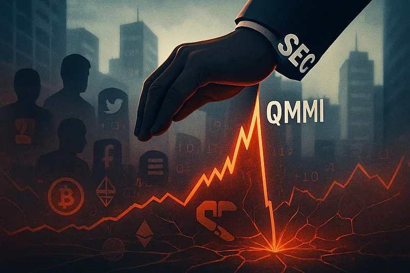 Hand labeled SEC pushes down a sharp stock chart spike marked QMMI, with crypto and social icons