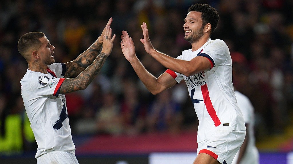 Photo: AP : Barcelona Vs PSG Highlights, UEFA Champions League: Goncalo Ramos celebrates with Lucas Hernandez after scoring his side's winning goal. 