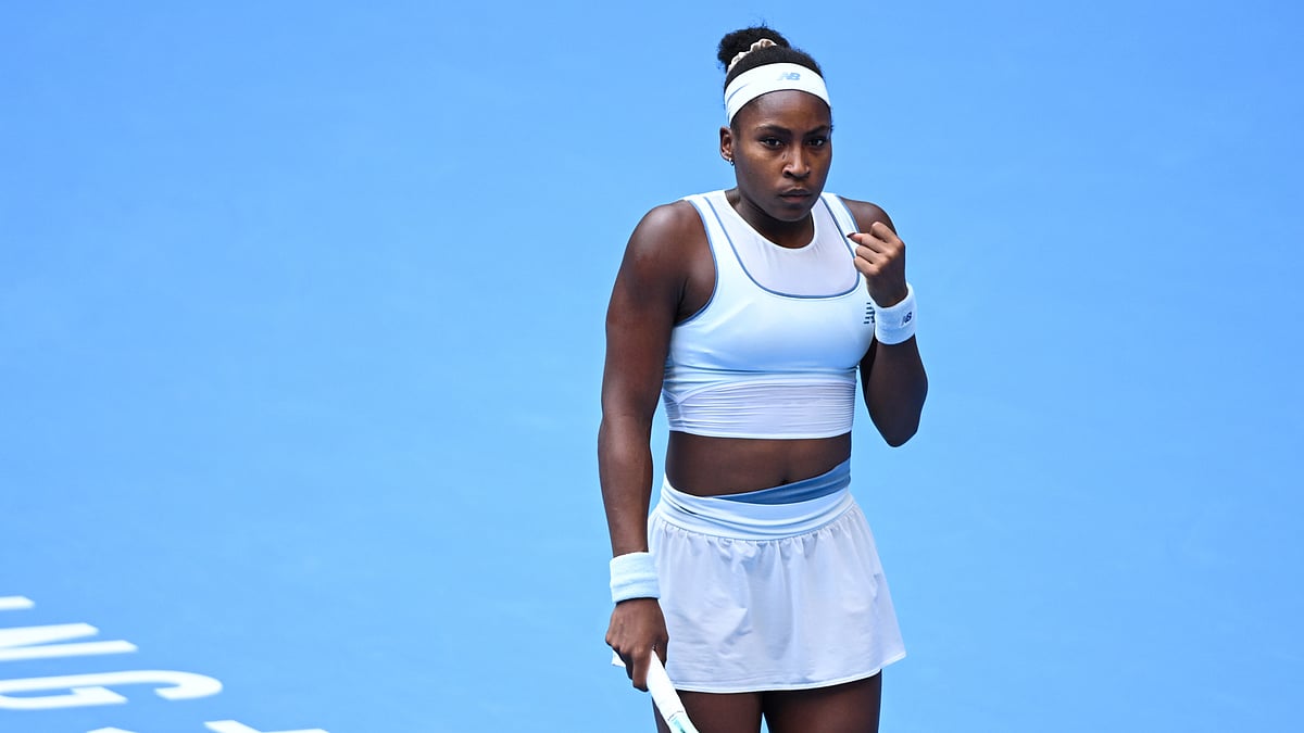 Coco Gauff celebrates her win over Eva Lys