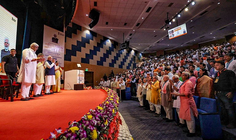 In this image posted on Oct. 1, 2025, Prime Minister Narendra Modi during the centenary celebrations of the Rashtriya Swayamsevak Sangh (RSS), in New Delhi.  - | @narendramodi/X via PTI Photo