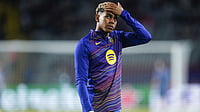 File : File photo of Lamine Yamal in action for FC Barcelona.