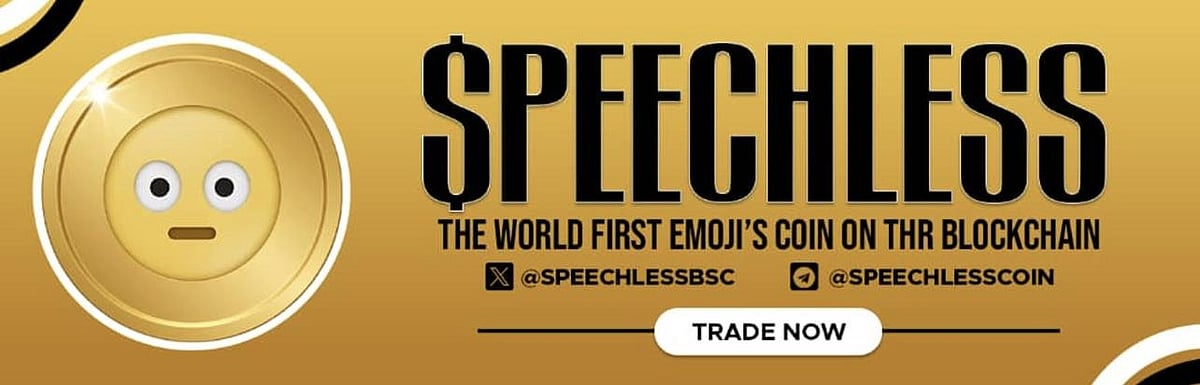 A gold coin with a speechless emoji face, text SPEECHLESS, and blockchain coin details.