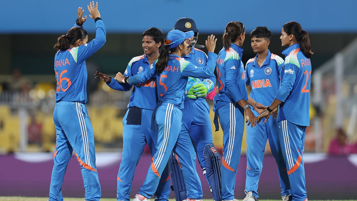 | Photo: X/BCCIWomen : The India women's cricket team celebrate a wicket against Sri Lanka during the ICC Women's World Cup 2025.