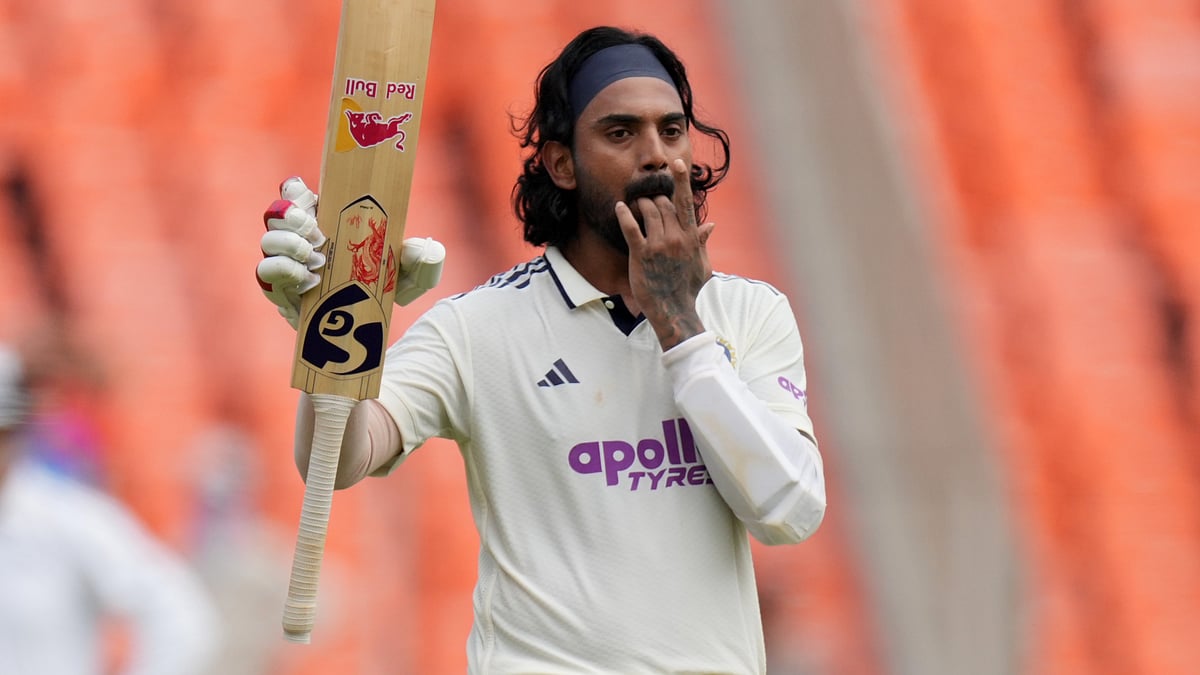 | Photo: AP/Ajit Solanki : India's KL Rahul celebrates after scoring a century on the second day of the first Test cricket match between India and West Indies at Narendra Modi Stadium in Ahmedabad, India, Friday, Oct. 3, 2025.