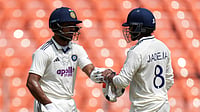 (AP Photo/Ajit Solanki) : India Vs West Indies Cricket LIVE Score, 1st Test Day 2: India's Ravindra Jadeja, right, and Dhruv Jurel greets each other on the second day of the first Test cricket match between India and West Indies at Narendra Modi Stadium in Ahmedabad, India, Friday, Oct. 3, 2025.