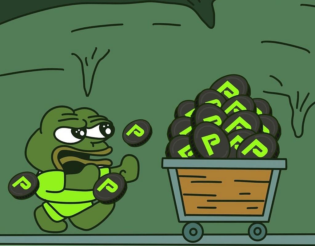 PepeNode character shoveling meme coins with P symbol into a bucket, in a virtual mining scene.