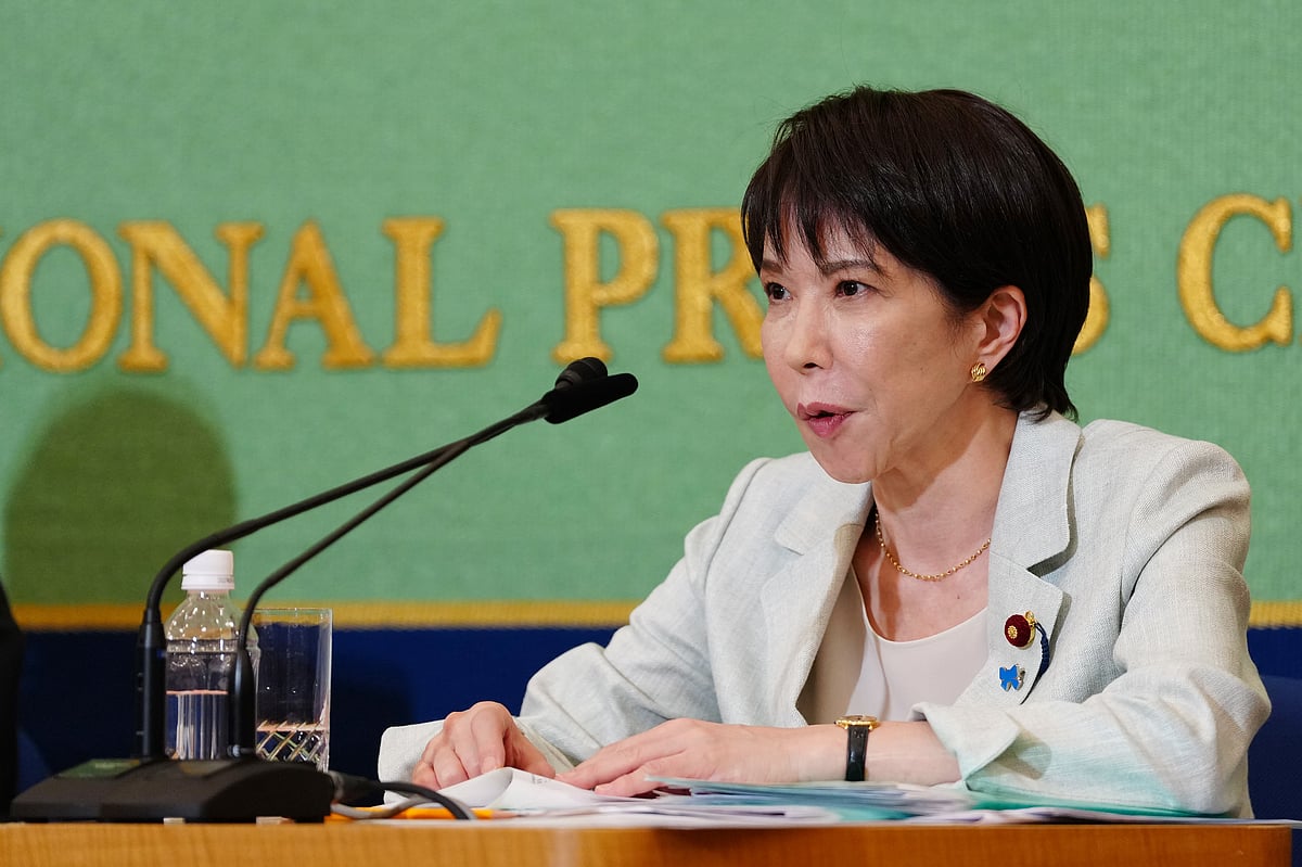 | Jia Haocheng/Pool Photo via AP : Former Economic Security Minister Sanae Takaichi speaks during the Liberal Democratic Party's (LDP) presidential election candidate debate at the Japan National Press Club in Tokyo, Wednesday, Sept. 24, 2025. 