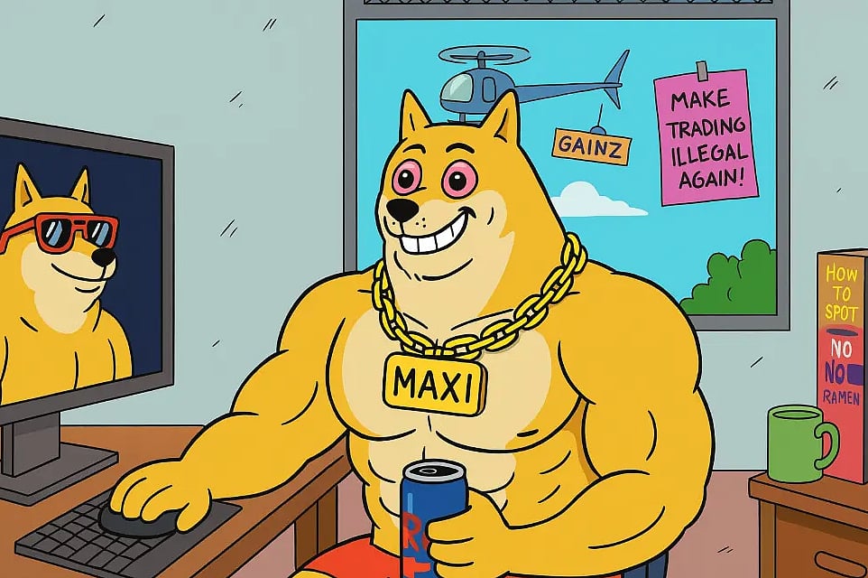Cartoon Maxi Doge meme with MAXI chain and GAINZ sign, representing cryptocurrency culture