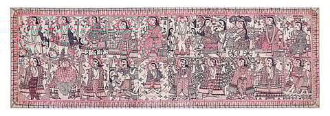 In many traditions, the Dashavatara are understood as manifestations parallel to the Dasa Mahavidya, since both Vishnu and Kali/Parvati are believed to have arisen from the same primal energy of Adi Shakti and are often regarded as sibling forces. In this light, Krishnanand Jha’s fusion of the Dasa Mahavidya with the Dashavatara in a single frame above, stands out as a remarkable and original artistic vision.