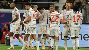 Luis Diaz celebrates his goal for Bayern Munich against Eintracht Frankfurt.