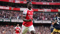 Bukayo Saka celebrates his goal for Arsenal against West Ham United in English Premier League.