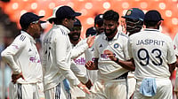 (AP Photo/Ajit Solanki) : India's Mohammed Siraj, center, celebrates with teammates after the dismissal of West Indies' Justin Greaves on the third day of the first Test cricket match between India and West Indies at Narendra Modi Stadium in Ahmedabad, India, Saturday, Oct. 4, 2025. 