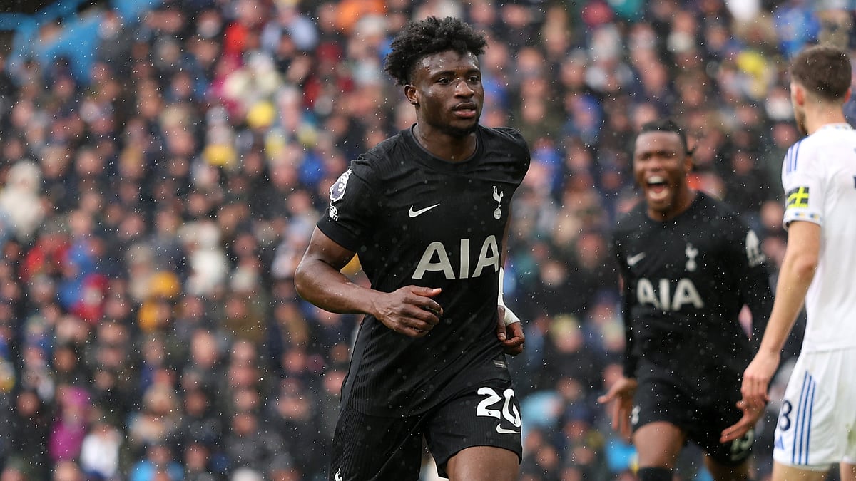Tottenham's Mohammed Kudus celebrates his goal against Leeds United.