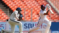 (AP Photo/Ajit Solanki) : West Indies' Brandon King, right, plays a shot on the third day of the first Test cricket match between India and West Indies at Narendra Modi Stadium in Ahmedabad, India, Saturday, Oct. 4, 2025.