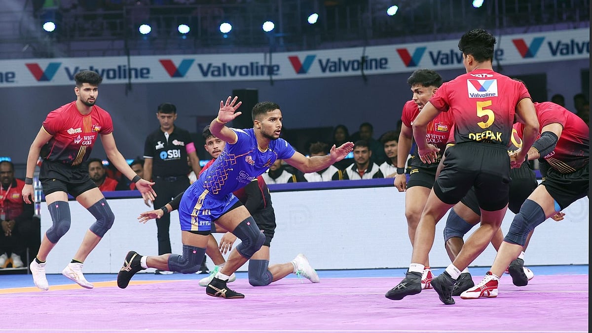 Pro Kabaddi : Action from the Bengaluru Bulls vs Tamil Thalaivas, Pro Kabaddi League 2025 match in Chennai.