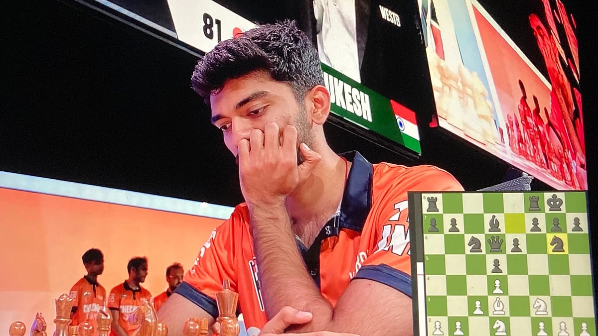 X : D Gukesh during his game against Hikaru in the exhibition match.