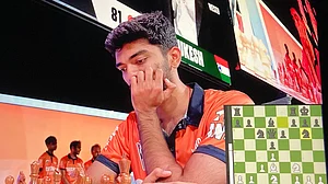 X : D Gukesh during his game against Hikaru in the exhibition match.