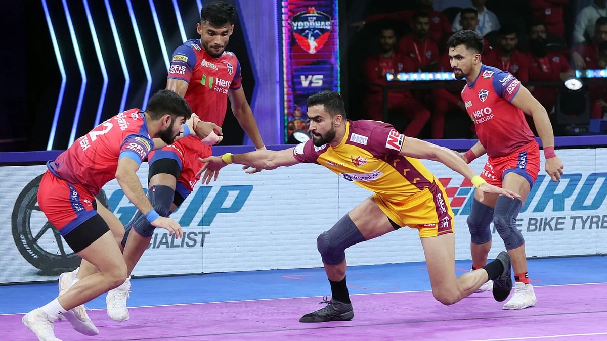 Pro Kabaddi : Action from the UP Yoddhas vs Telugu Titans, Pro Kabaddi League 2025 match in Chennai.