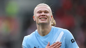 Manchester City match-winner Erling Haaland celebrates after scoring against Brentford.