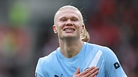 Manchester City match-winner Erling Haaland celebrates after scoring against Brentford.