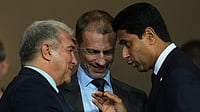 Barcelona Set To Play In Miami, AC Milan In Australia After UEFA Concedes Ground AP : UEFA president Aleksander Ceferin, centre, FC Barcelona president Joan Laporta, left, and PSG president Nasser Al-Khelaifi speak before the Champions League opening phase match between Barcelona and Paris Saint-Germain at the Lluis Companys Olympic Stadium.