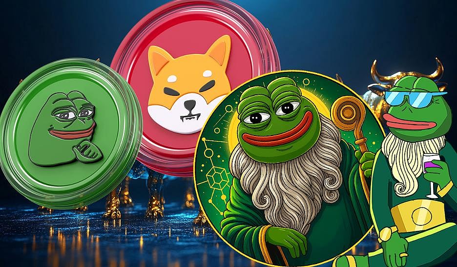 Pepe the frog & shiba Inu meme coins on decorative discs