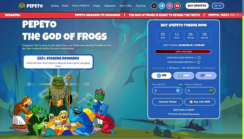 Website promoting Pepeto crypto token with cartoon frog characters and staking reward details.