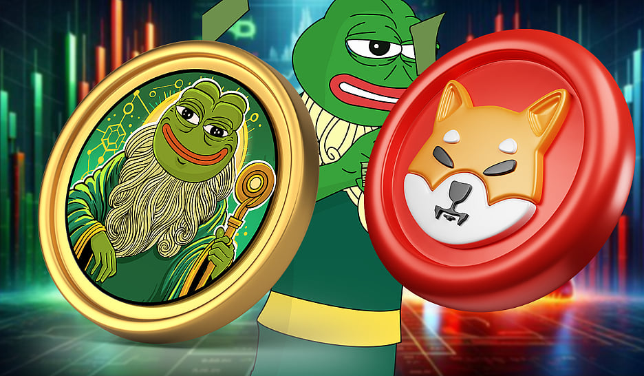 Pepe the Frog and Shiba Inu crypto coins on a digital background.