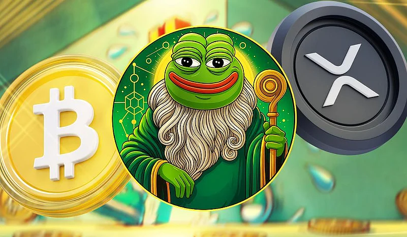 Cartoon frog in wizard robe between Bitcoin and XRP coins, with a colorful digital background