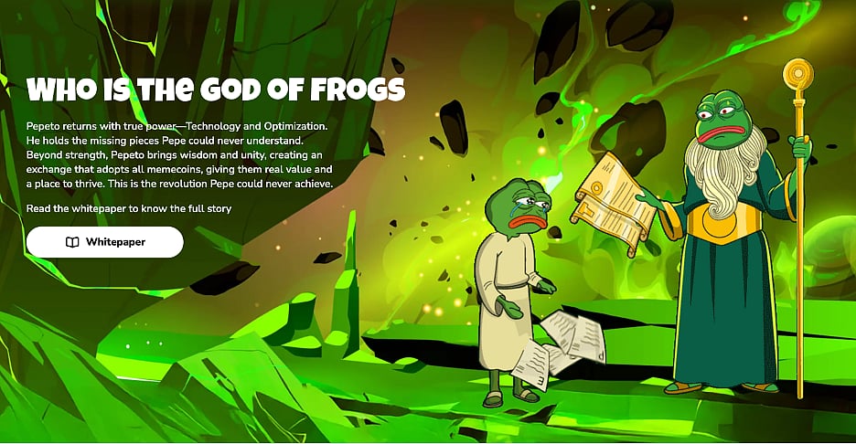 Crypto with two versions of the cartoon character Pepe the Frog & the title WHO IS THE GOD OF FROGS